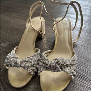 Jessica Simpson Metallic Gold Crystal Knot Heeled Sandals